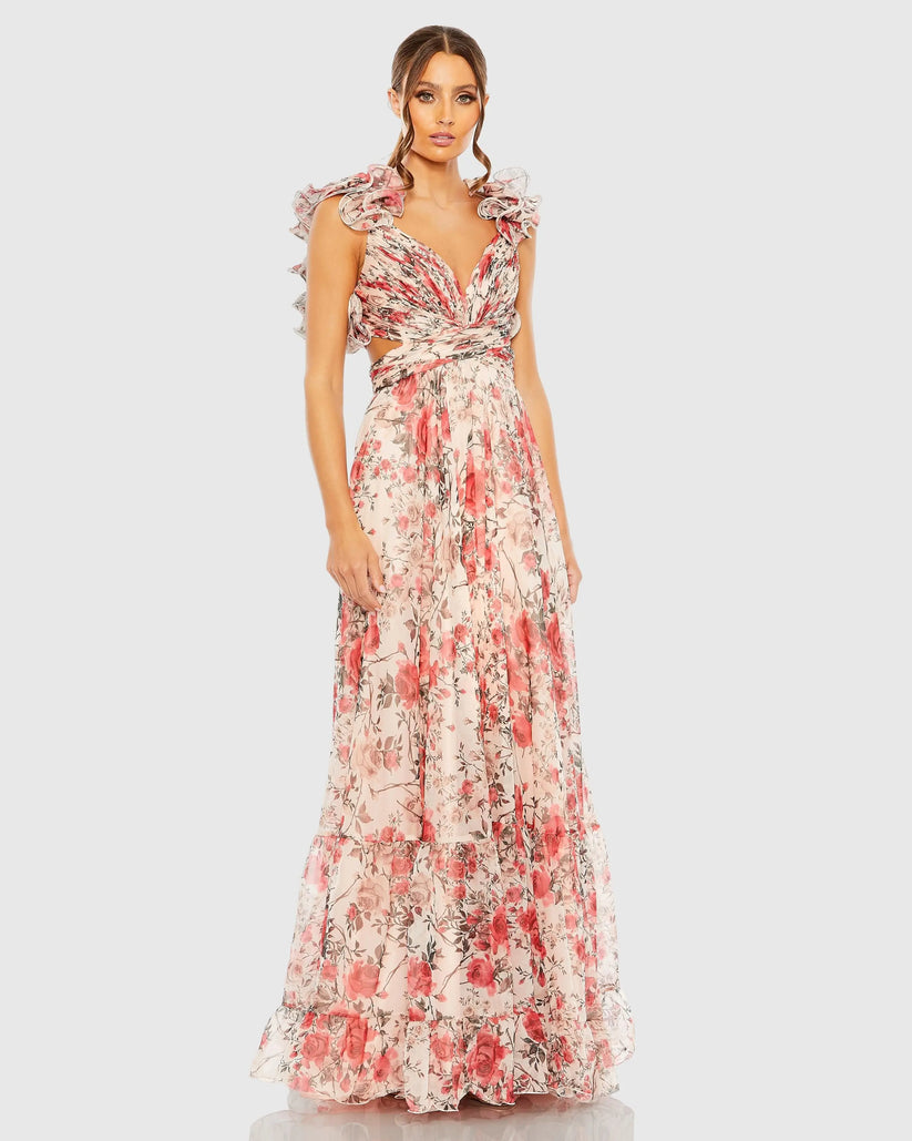 Ieena Duggal 68518 - Ruffled Strap Floral Chiffon Dress Formal Gowns in Pink and Multi