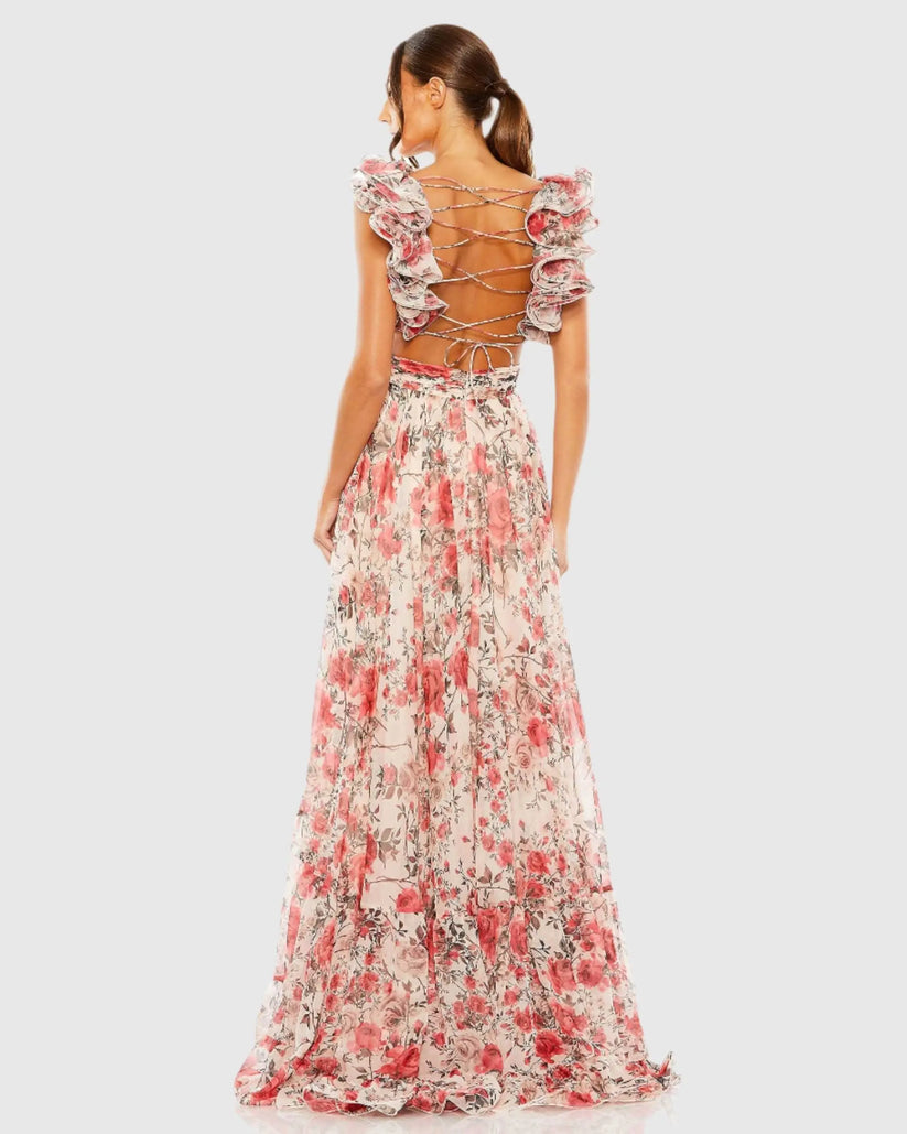 Ieena Duggal 68518 - Ruffled Strap Floral Chiffon Dress Formal Gowns in Pink and Multi