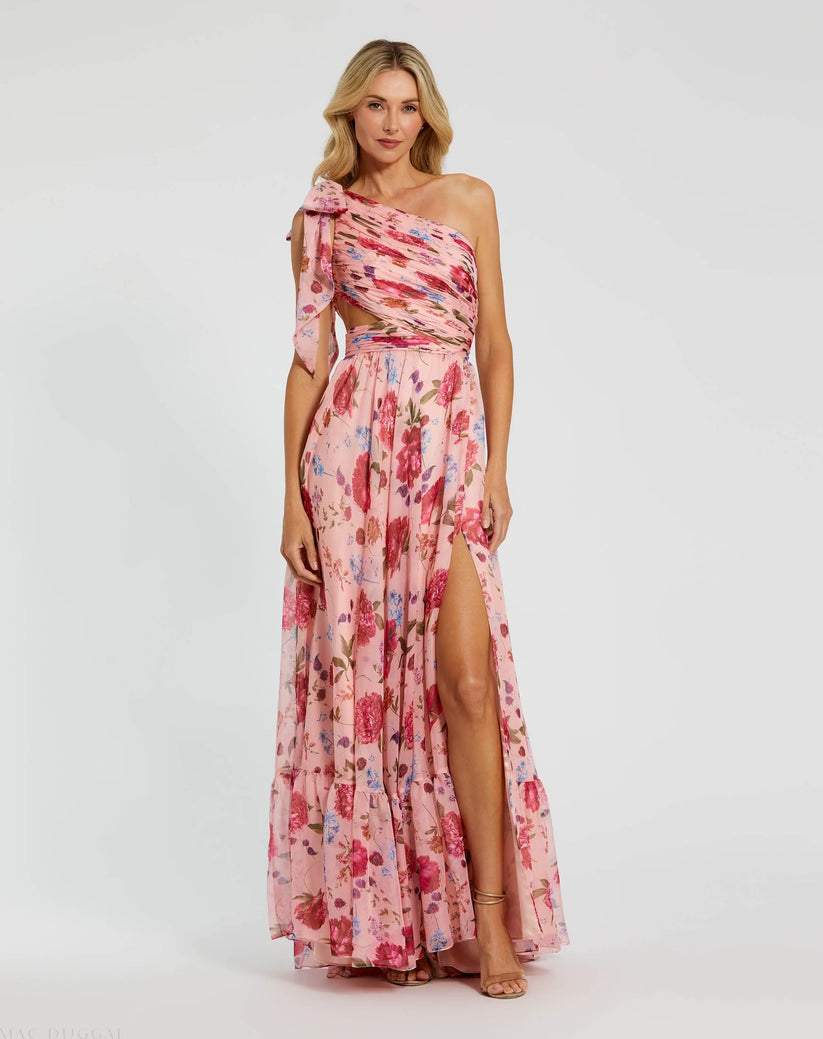 Ieena Duggal 68553 - Bow Strap High Slit Floral Dress Formal Gowns in Pink and Multi