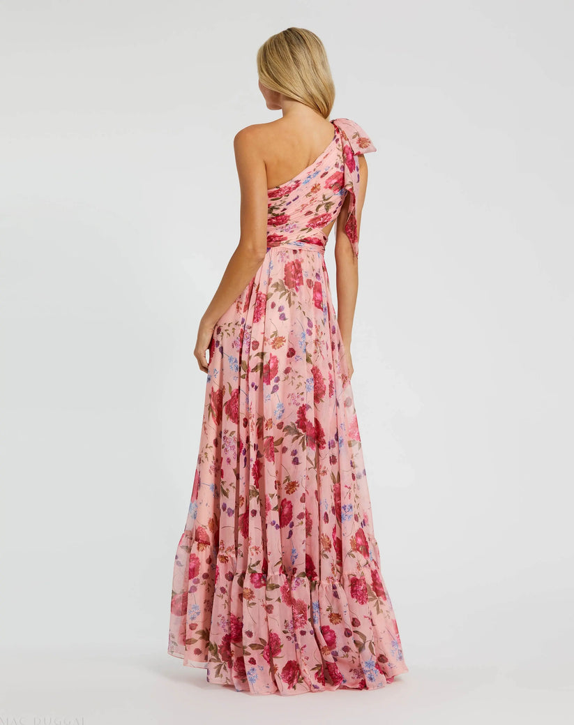 Ieena Duggal 68553 - Bow Strap High Slit Floral Dress Formal Gowns in Pink and Multi