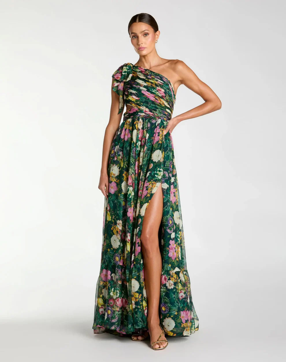 Ieena Duggal 68553 - Bow Strap High Slit Floral Dress