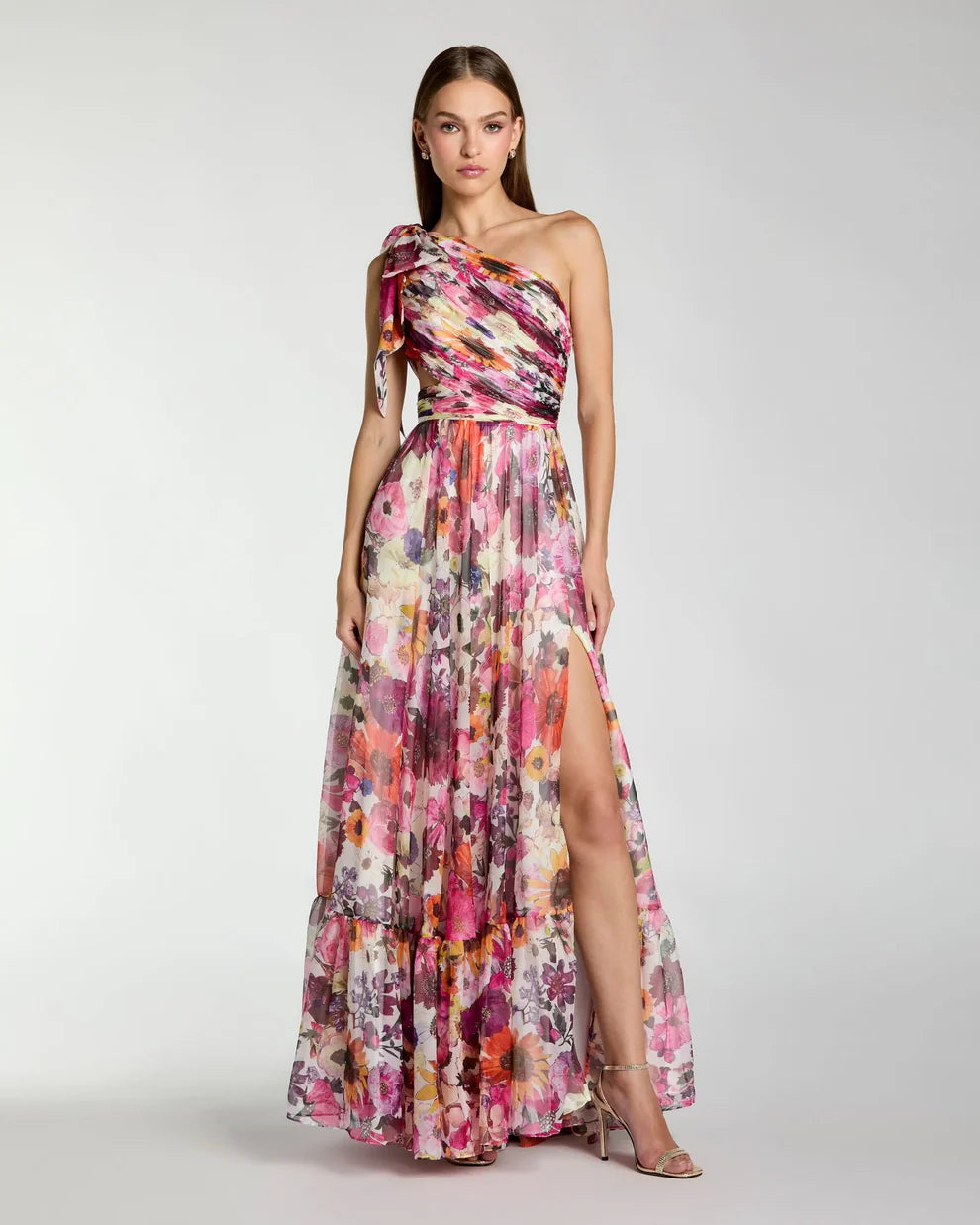 Ieena Duggal 68553 - Bow Strap High Slit Floral Dress