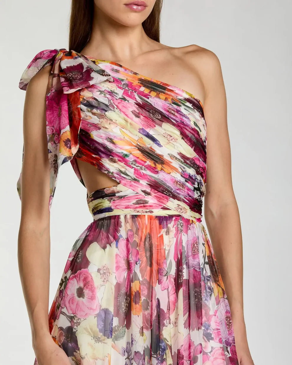 Ieena Duggal 68553 - Bow Strap High Slit Floral Dress