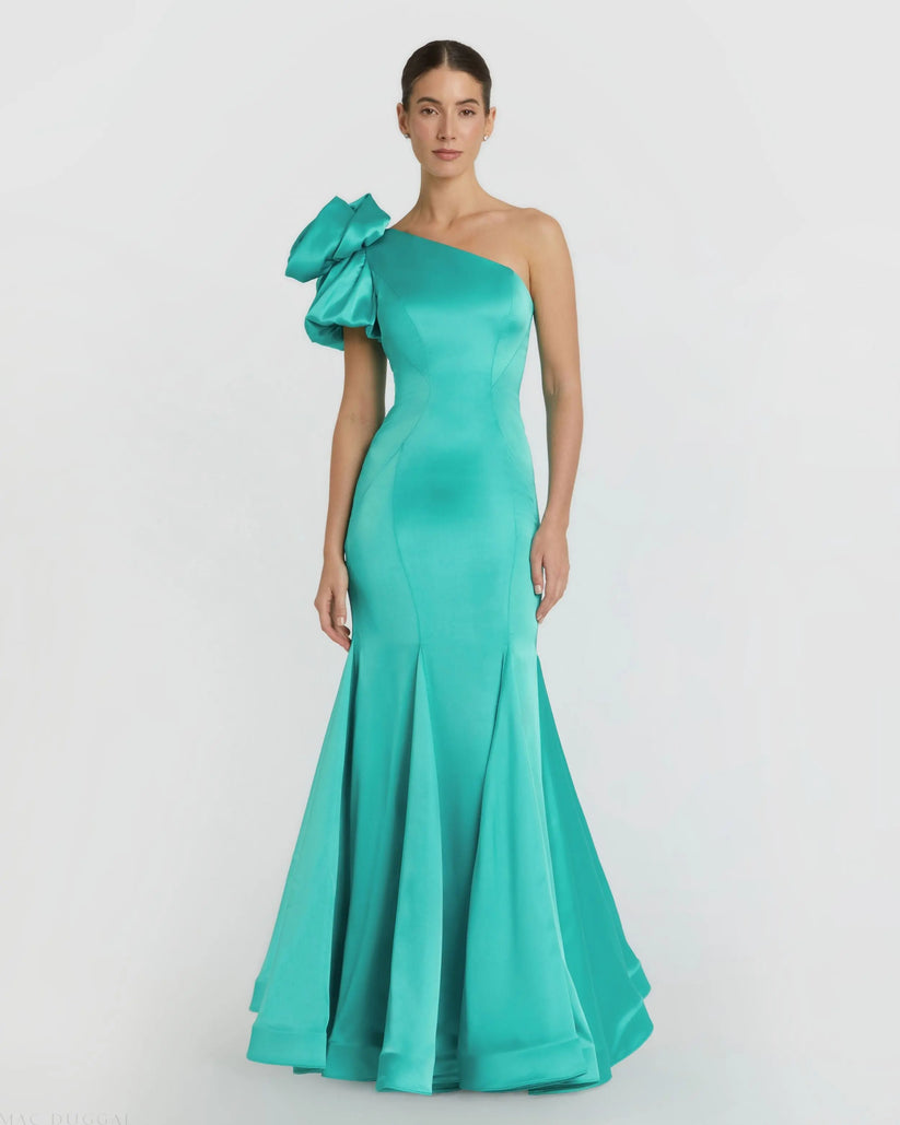 Mac Duggal 68703 - Puff Sleeve One Shoulder Satin Dress Prom Dresses in Green