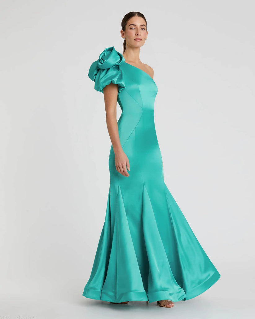 Mac Duggal 68703 - Puff Sleeve One Shoulder Satin Dress Prom Dresses in Green