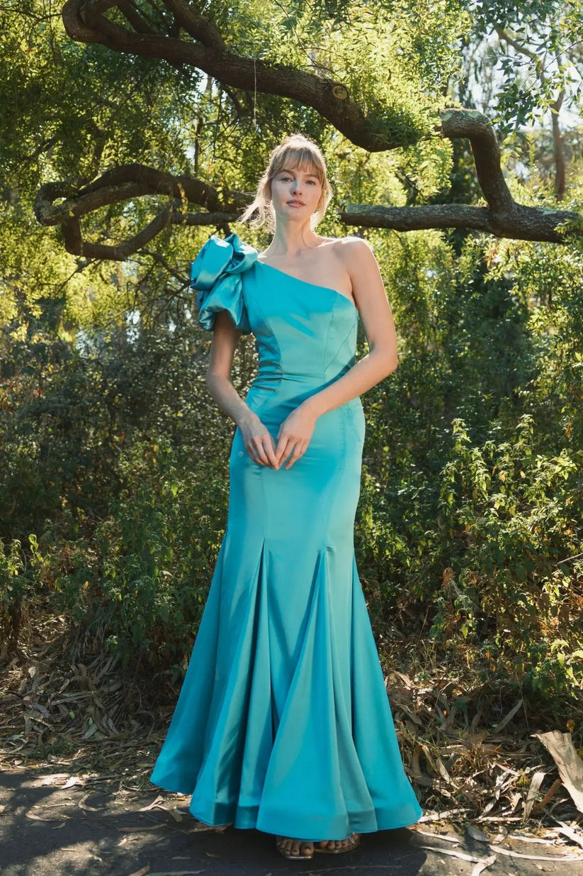 Mac Duggal 68703 - Puff Sleeve One Shoulder Satin Dress Prom Dresses in Green