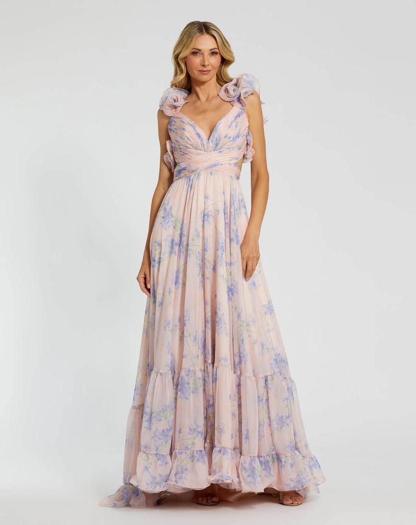 Mac Duggal 68753 - Lace-Up Back Floral Print Long Dress Prom Dresses in Purple and Multi