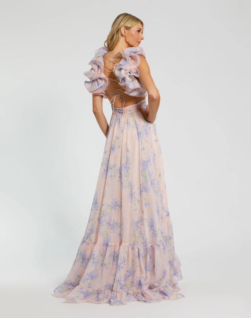 Mac Duggal 68753 - Lace-Up Back Floral Print Long Dress Prom Dresses in Purple and Multi