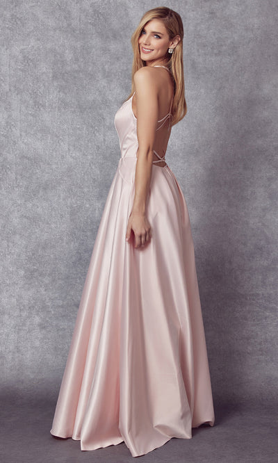 Juliet Dresses 687 - Satin V-Neckline Pleated Gown Formal Gowns