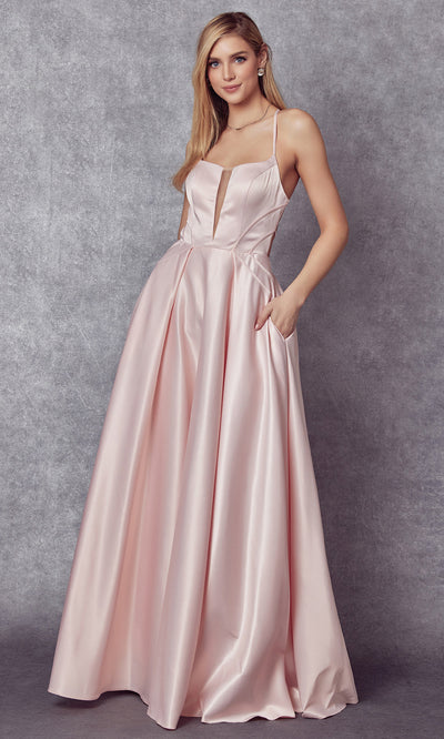 Juliet Dresses 687 - Satin V-Neckline Pleated Gown Formal Gowns