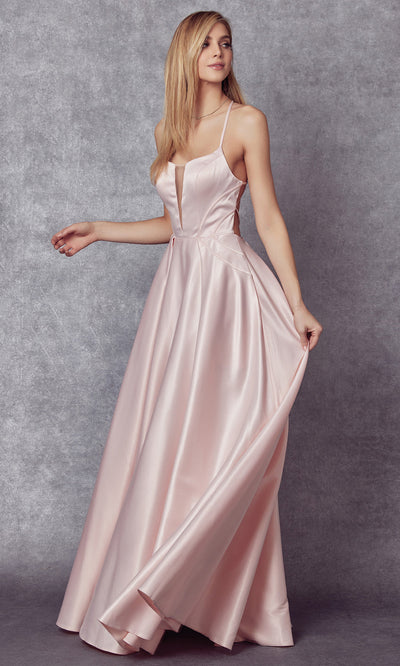 Juliet Dresses 687 - Satin V-Neckline Pleated Gown Formal Gowns