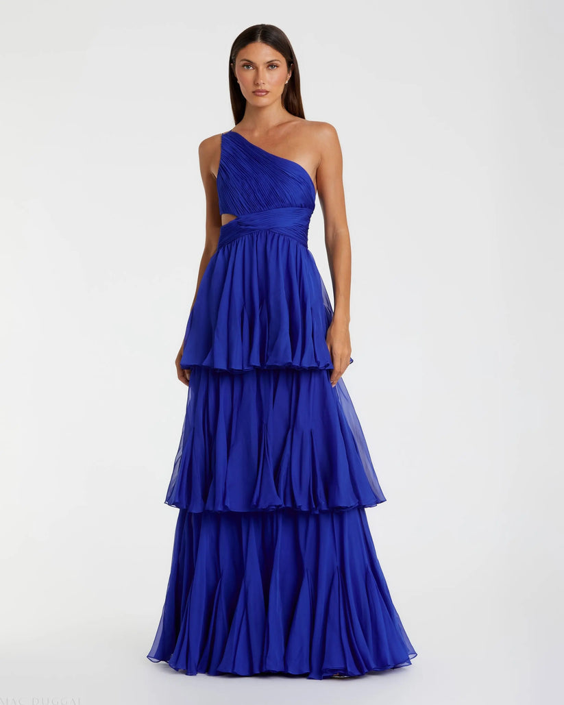 Ieena Duggal 68846 - Asymmetric Neck Ruffle Tiered Evening Dress Formal Gowns in Blue
