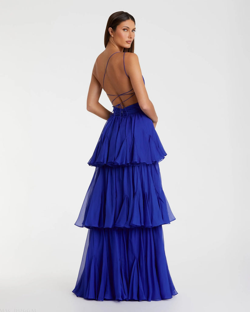 Ieena Duggal 68846 - Asymmetric Neck Ruffle Tiered Evening Dress Formal Gowns in Blue