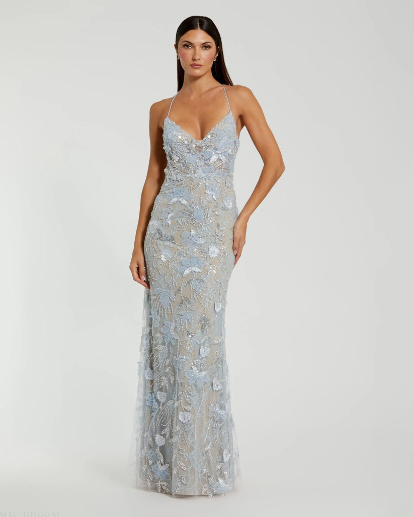 Mac Duggal 68892 - Cross Strap Back Floral Embroidered Dress Prom Dresses in Blue