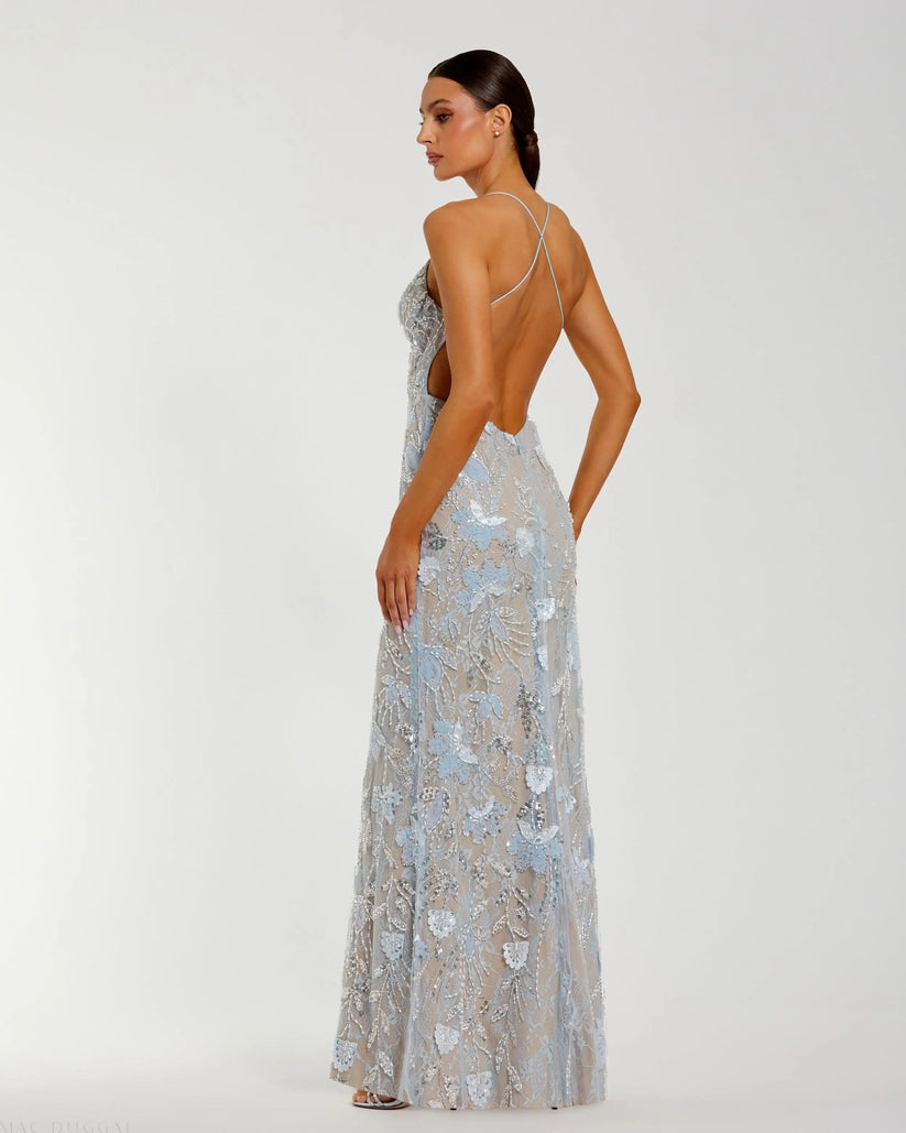 Mac Duggal 68892 - Cross Strap Back Floral Embroidered Dress Prom Dresses in Blue