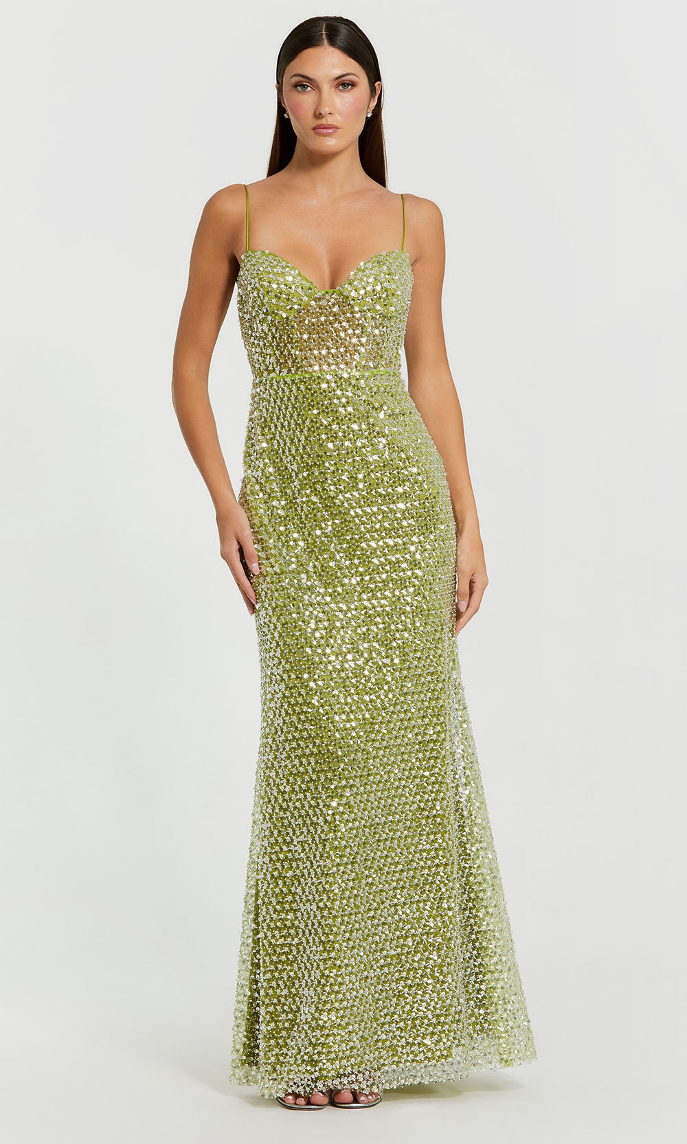 Mac Duggal 68895 - Spaghetti Strap Embellished Sheath Gown Prom Dresses in In Apple Green