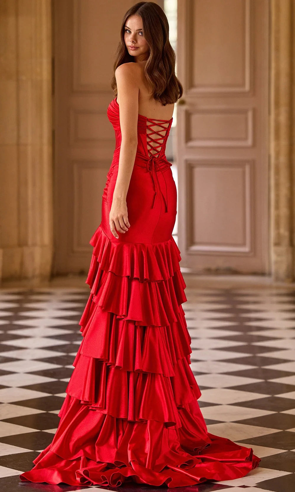 lace up tiered dress Sherri Hill 57638 - Long Stretch Satin Trumpet Nude Snake Faux Leather belt for dresses Hang Or Line Dry <strong>STEP 2:</strong> Additional Insurance:$3000 Total (+$50.00)