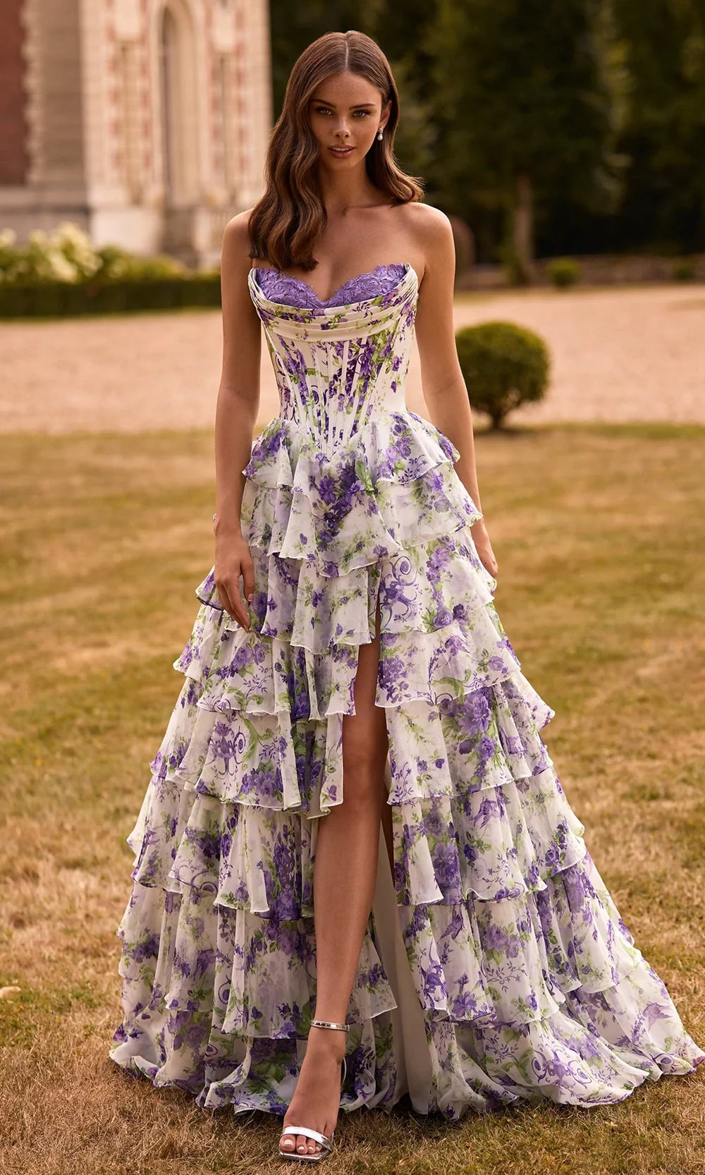 Sherri Hill 57692 - Floral Print Strapless Gown with Lace Bust Prom Dresses