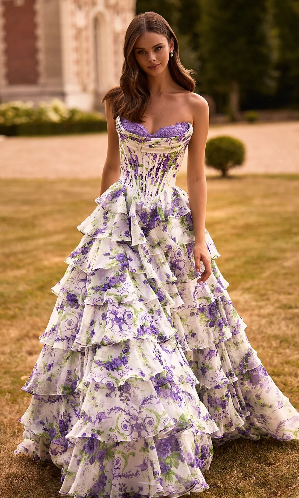 Sherri Hill 57692 - Floral Print Strapless Gown with Lace Bust Prom Dresses