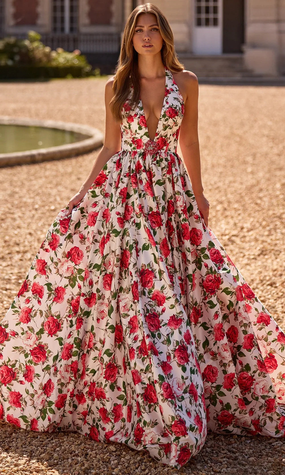 Sherri Hill 57726 - Floral Printed Halter Gown with Train Prom Dresses