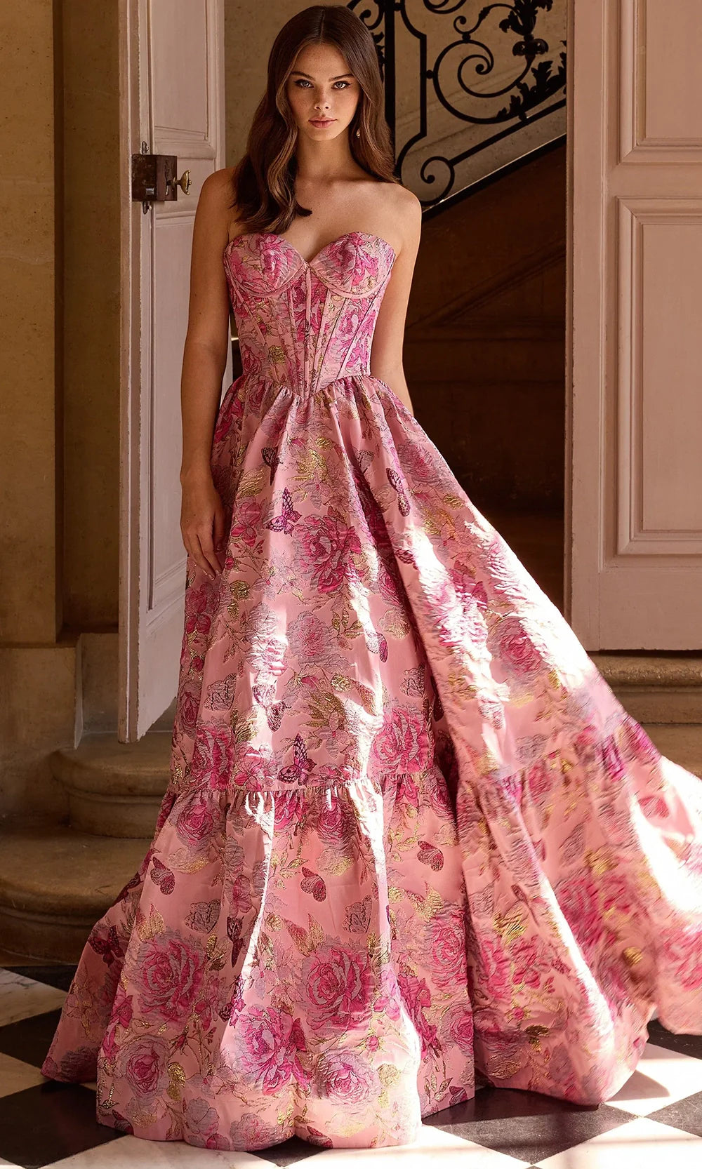 Sherri Hill 57754 - Tiered Skirt Floral Brocade Strapless Gown Prom Dresses