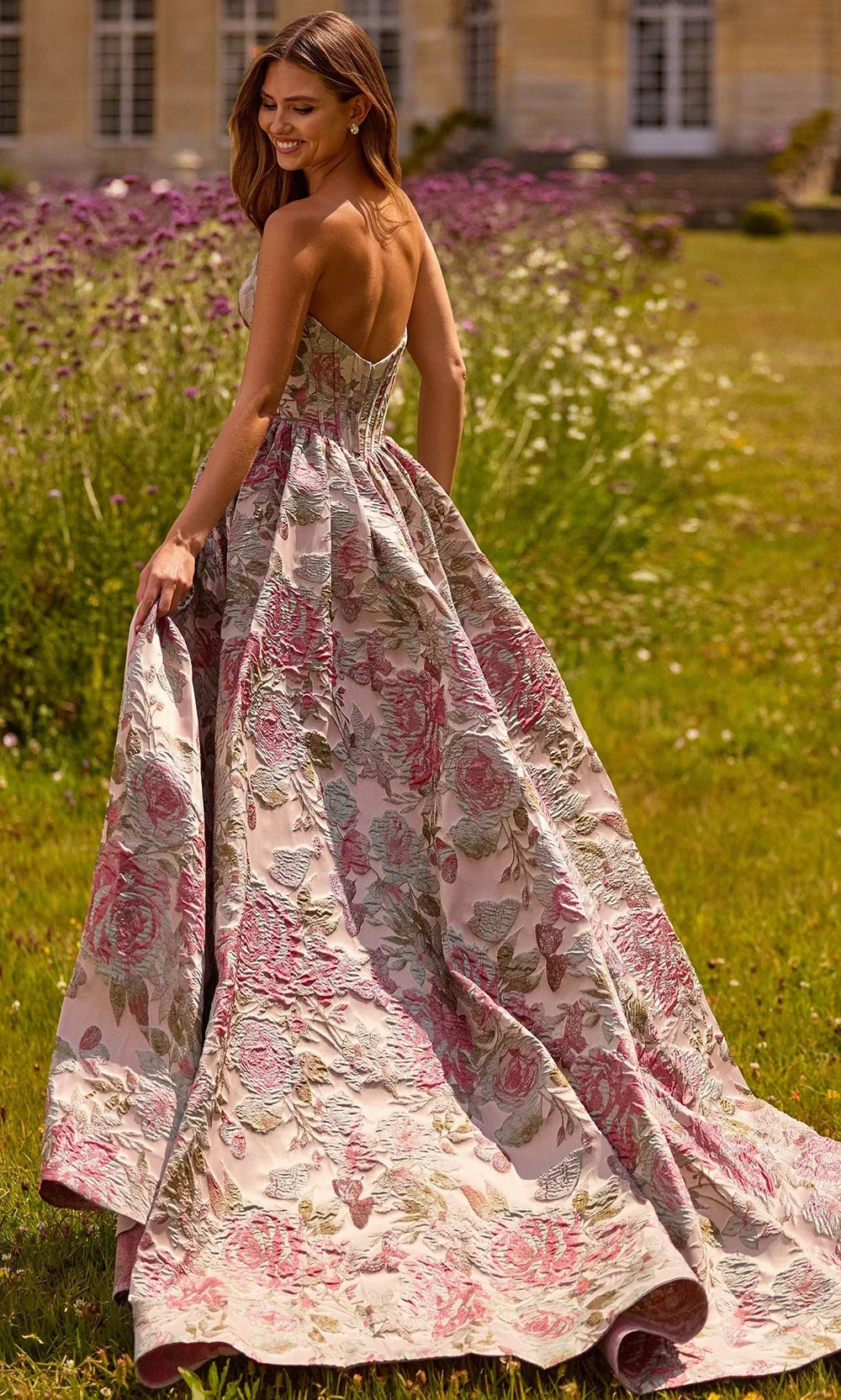 Sherri Hill 57757 - Strapless Open Back Floral Textured Gown Prom Dresses