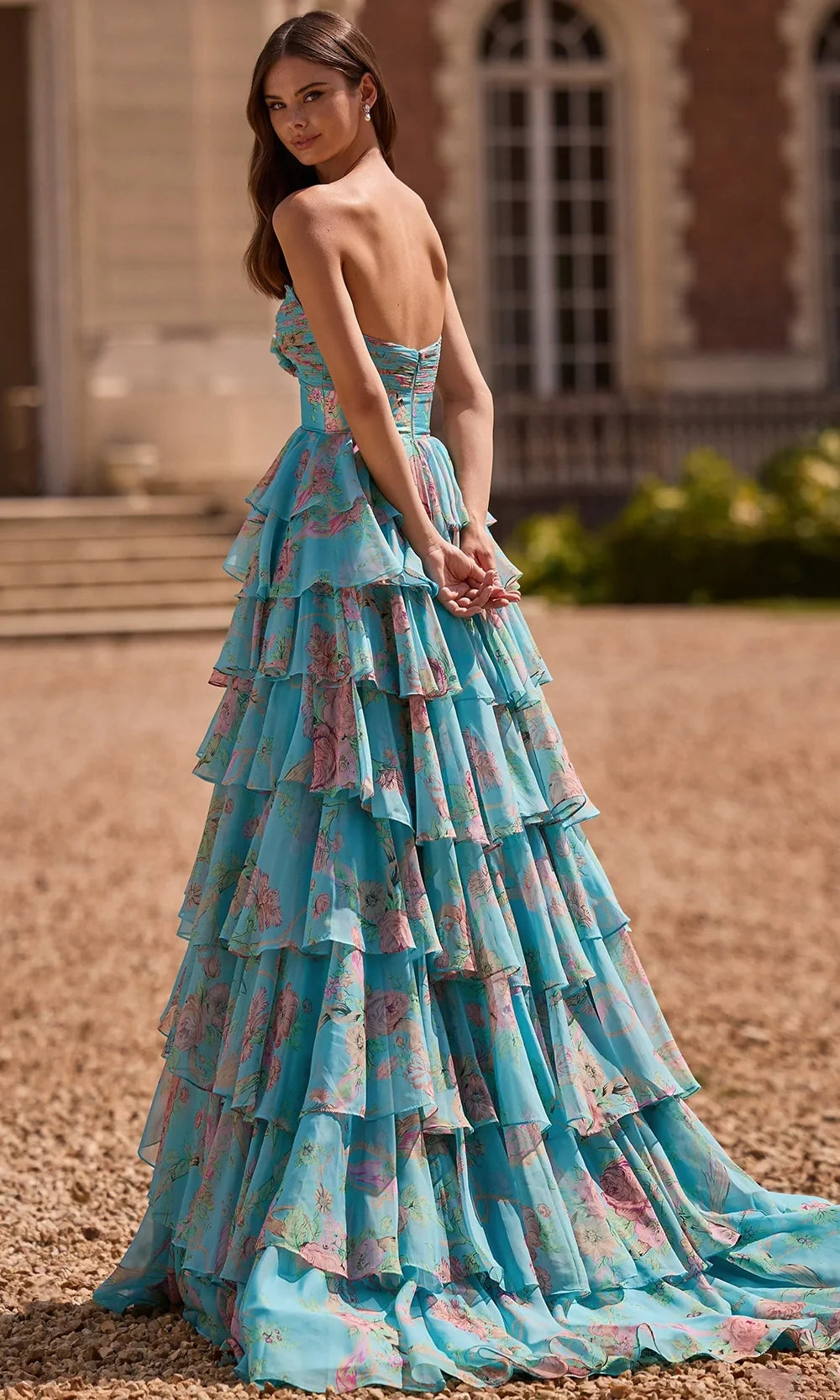 sherri hill blue floral ruffle dress 57775 - Long Chiffon A-Line sherri hill 57250