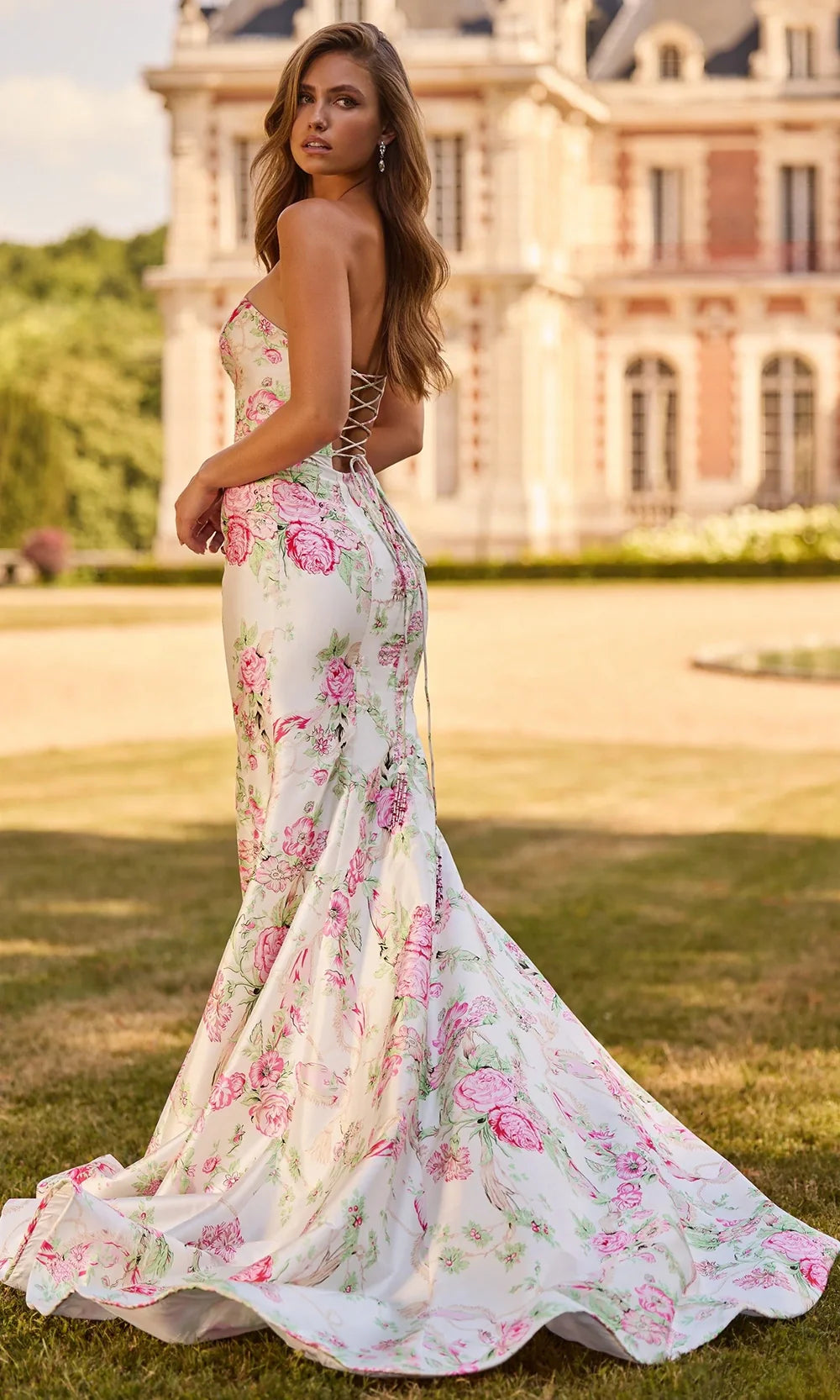 Sherri Hill 57796 - Elegant Floral Print Strapless Gown Prom Dresses