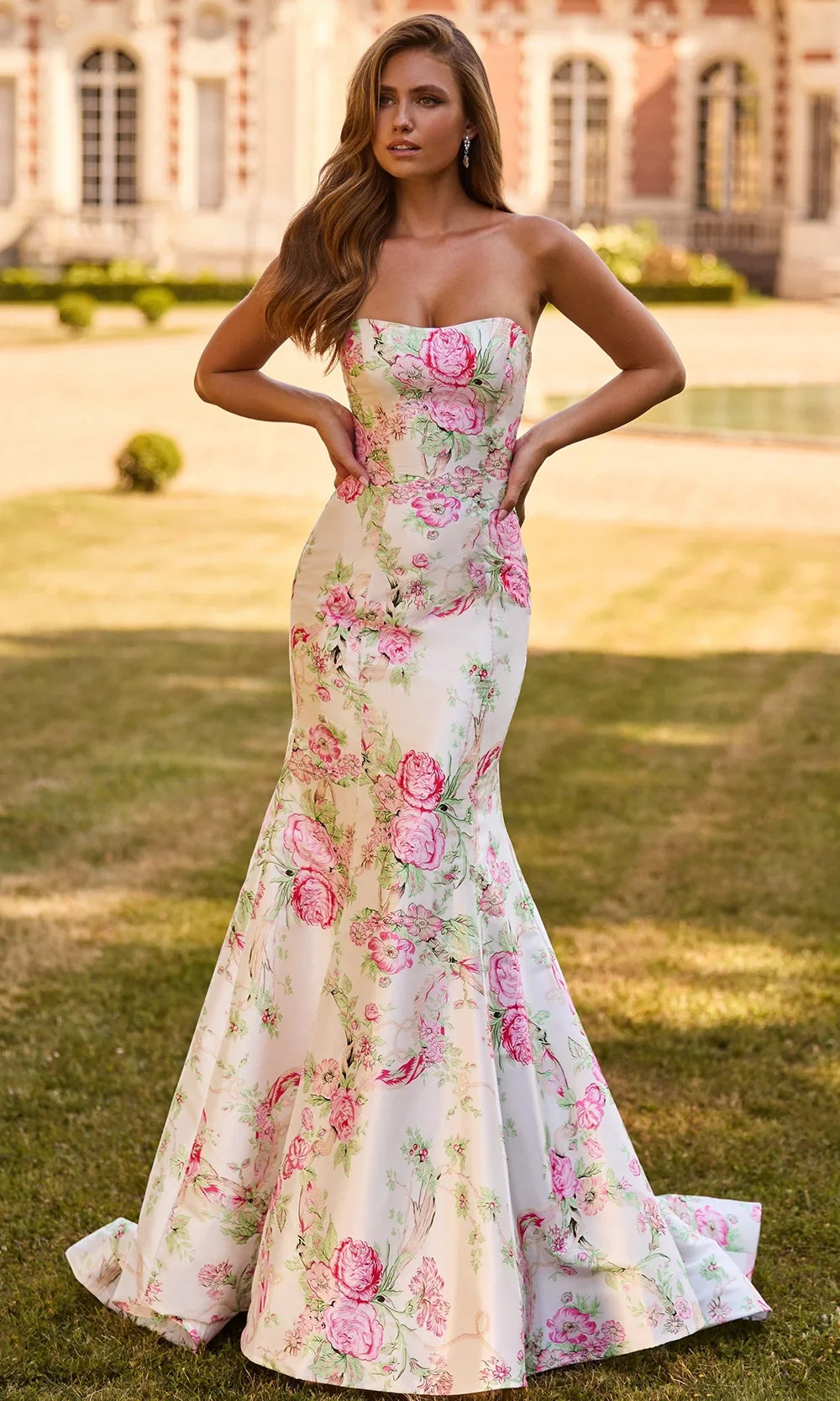 Sherri Hill 57796 - Elegant Floral Print Strapless Gown Prom Dresses