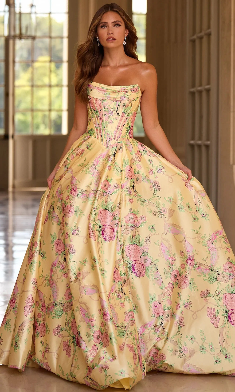 Sherri Hill 57797 - Cowl Neckline Floral Print Ballgown Prom Dresses