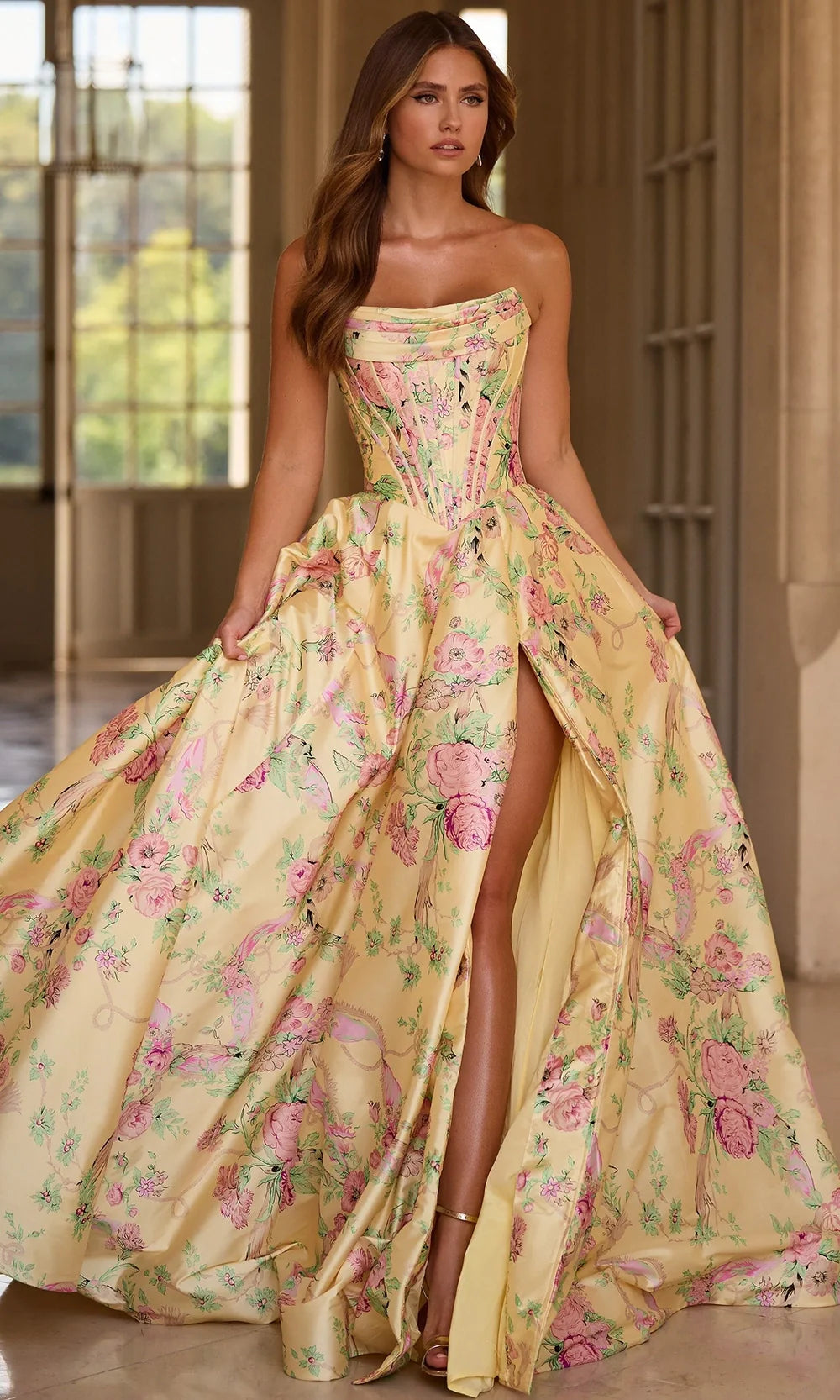 Sherri Hill 57797 - Cowl Neckline Floral Print Ballgown Prom Dresses