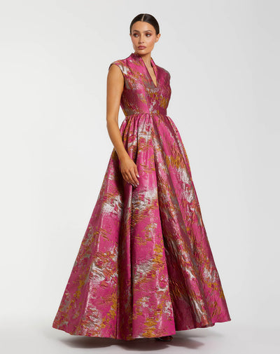 Mac Duggal 68956 - Metallic Brocade Mandarin Collar V-Neck Gown In Pink and Multi