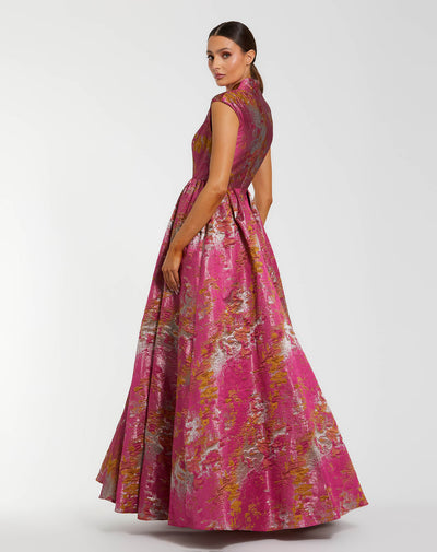 Mac Duggal 68956 - Metallic Brocade Mandarin Collar V-Neck Gown In Pink and Multi