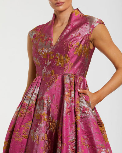 Mac Duggal 68956 - Metallic Brocade Mandarin Collar V-Neck Gown In Pink and Multi