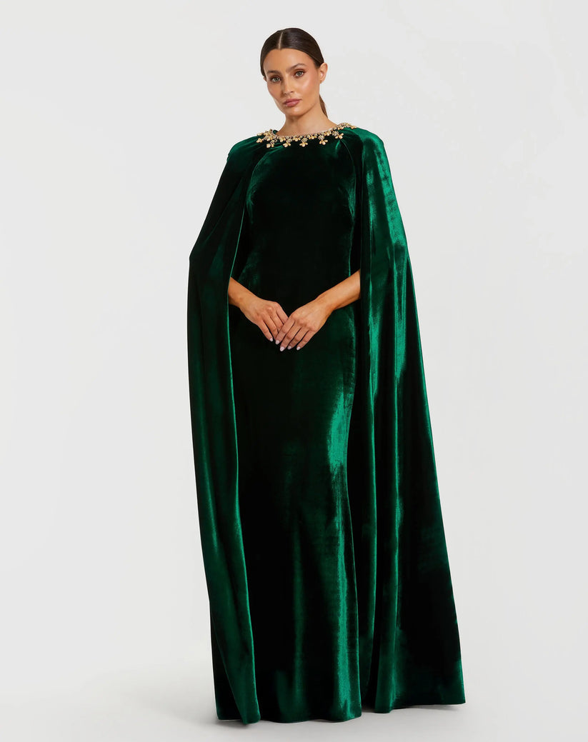Mac Duggal 68977 - Velvet Cape Column Evening Gown In Green
