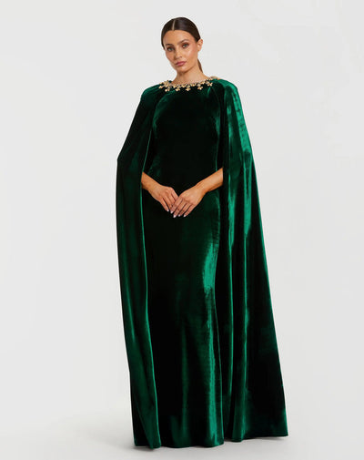 Mac Duggal 68977 - Velvet Cape Column Evening Gown In Green