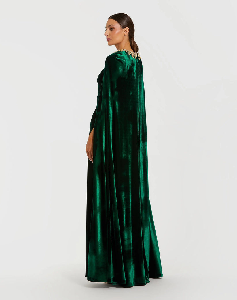 Mac Duggal 68977 - Velvet Cape Column Evening Gown In Green