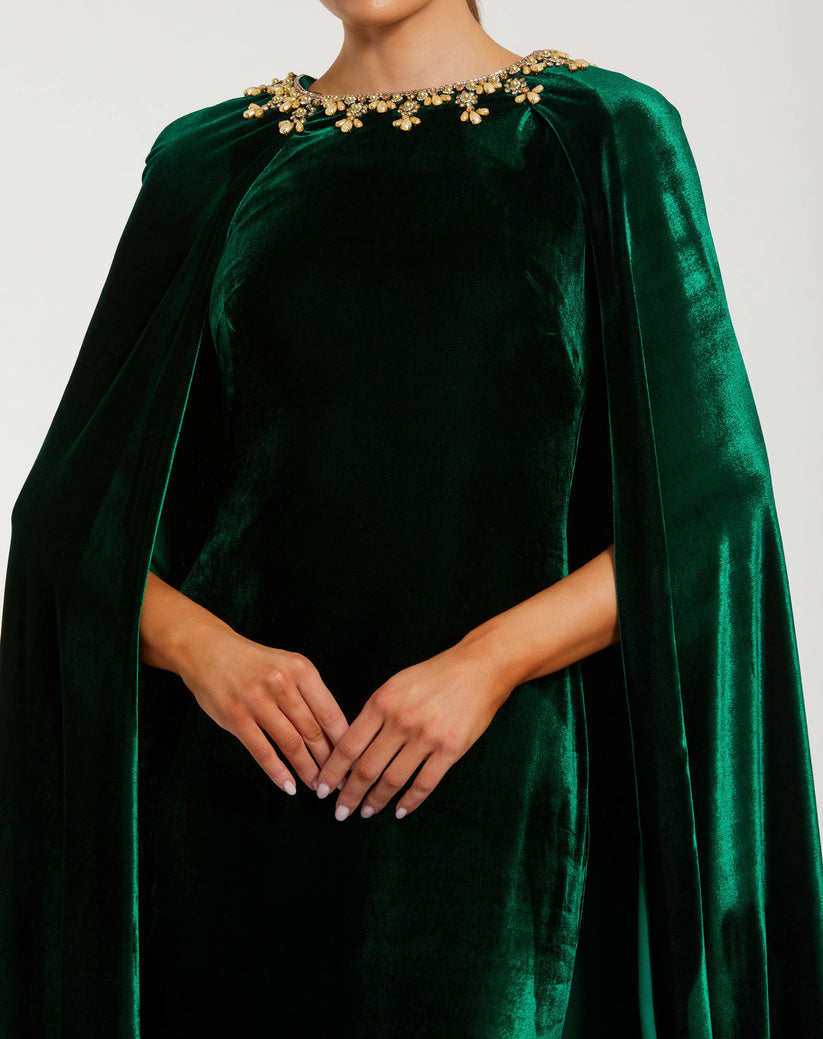 Mac Duggal 68977 - Velvet Cape Column Evening Gown In Green