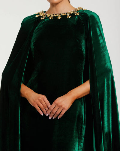 Mac Duggal 68977 - Velvet Cape Column Evening Gown In Green
