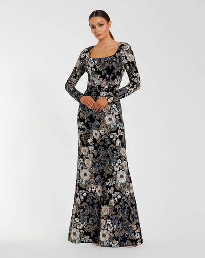 Mac Duggal 68978 - Long Sleeve Floral Velvet Gown In Black and Multi