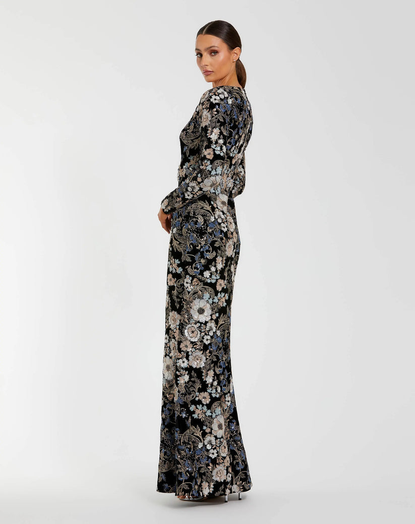 Mac Duggal 68978 - Long Sleeve Floral Velvet Gown In Black and Multi