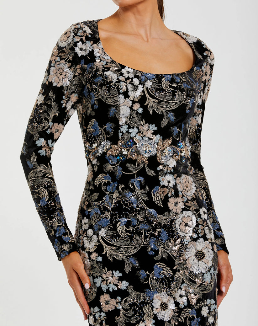 Mac Duggal 68978 - Long Sleeve Floral Velvet Gown In Black and Multi