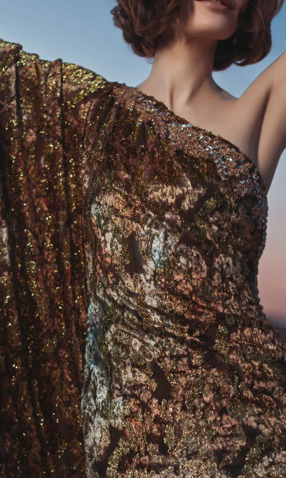 Mac Duggal - Gold One Shoulder Metallic Burnout Velvet Evening Gown - Gold Multi / US 6 Mac Duggal - Gold One Shoulder Metallic Burnout Velvet Evening Gown - Gold Multi / US 6