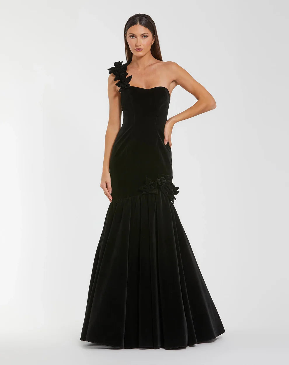 Mac Duggal 68983 - Floral Applique Semi-Sweetheart Velvet Gown