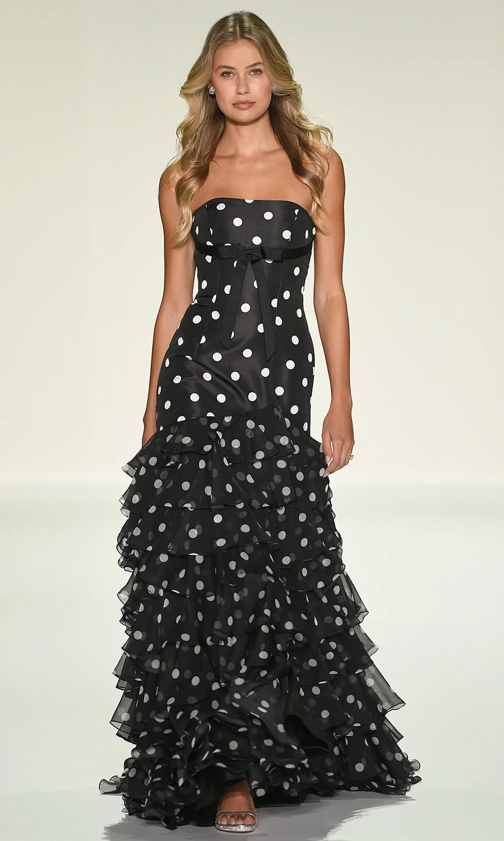 Sherri Hill 57826 - Straight Neckline Ruffle Gown With Polka Dot Print Prom Dresses