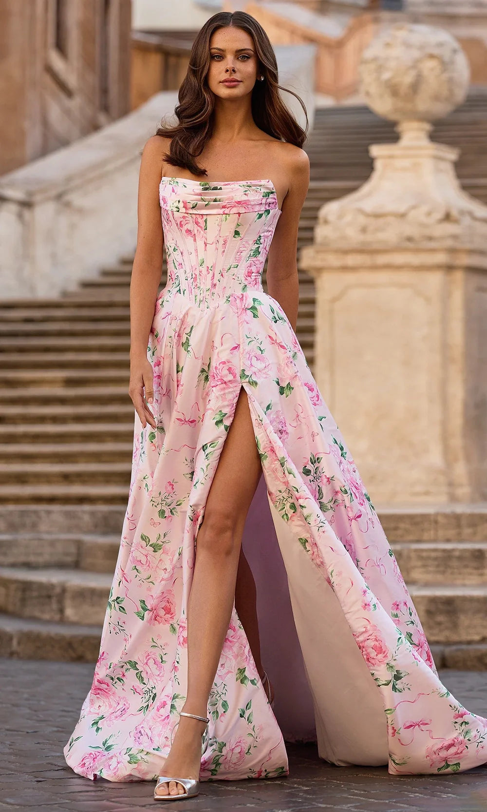 Sherri Hill 57830 - High Slit A-Line Long Gown with Floral Print Prom Dresses