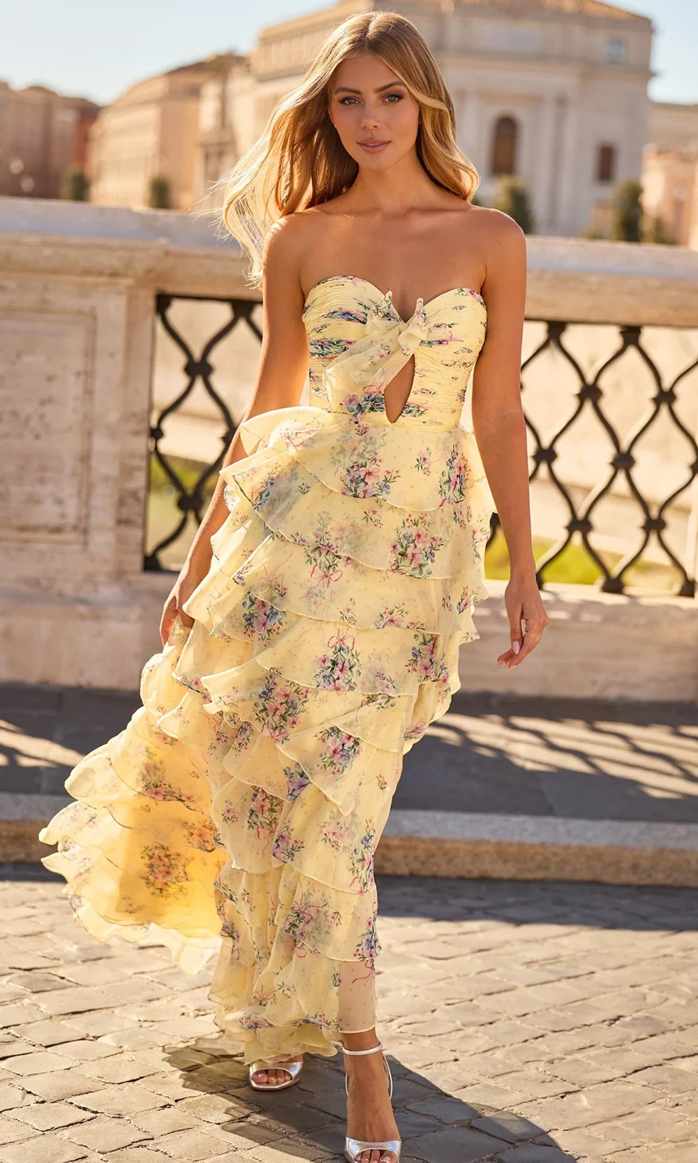 Sherri Hill 57907 - Long Chiffon A-Line Dress - Ruched Bodice, Strapless, Floral Print, Tiered Ruffle Skirt, High Slit, Sweep Train, Bow Detail 00 /