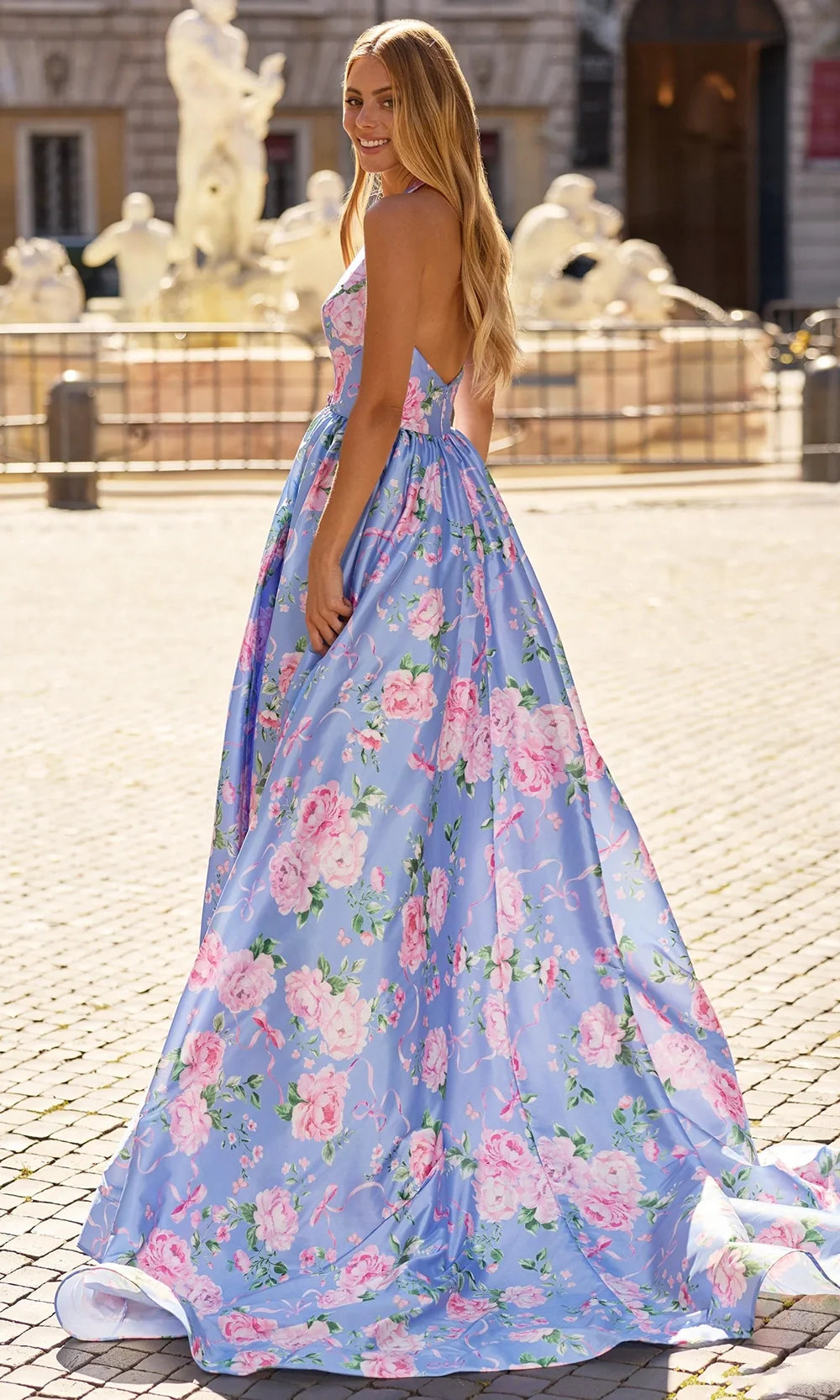 Sherri Hill 57955 - Sleeveless Plunging Halter Gown with Floral Detail Prom Dresses