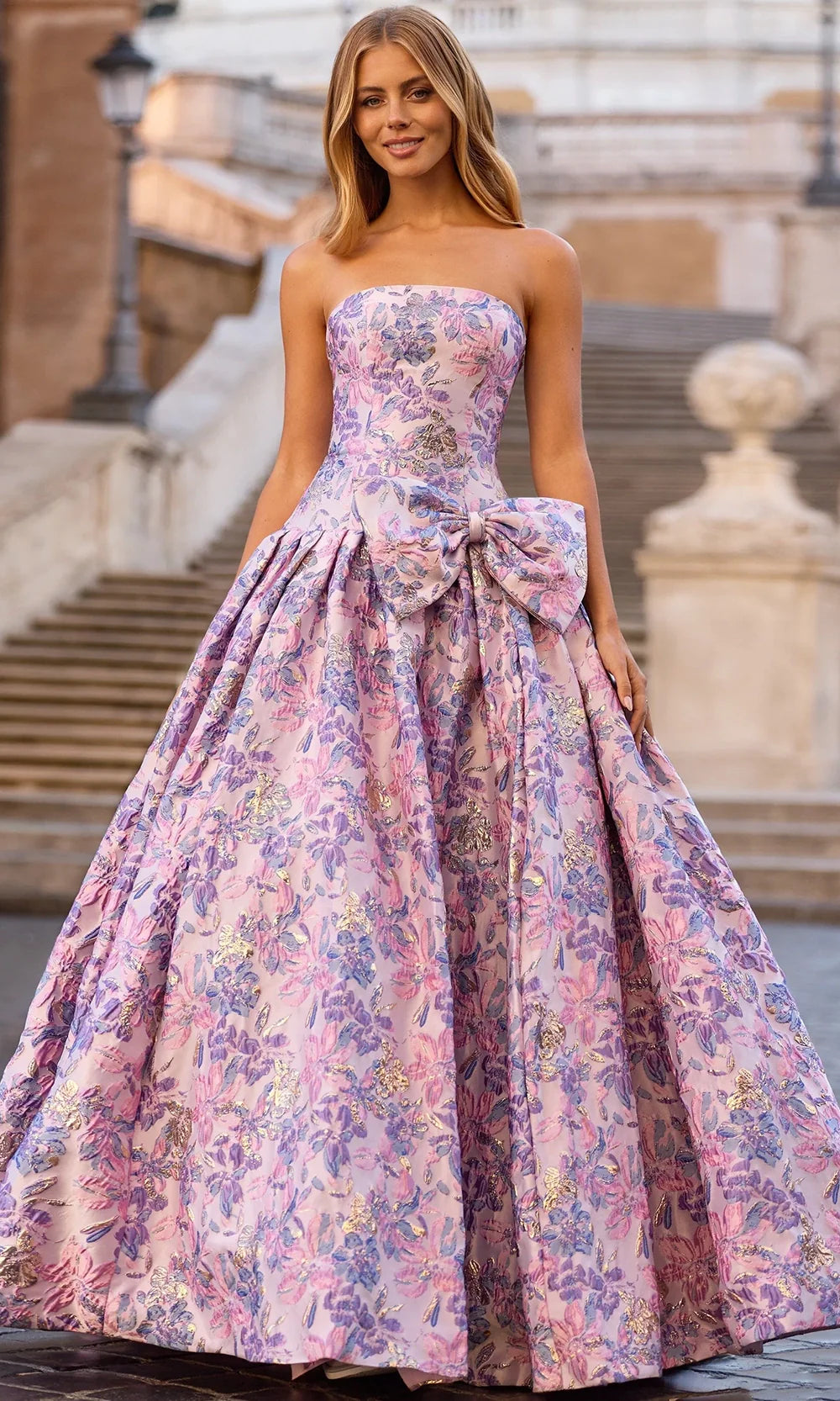 Sherri Hill 57781 - Oversized Bow Floral Brocade Evening Gown Prom Dresses