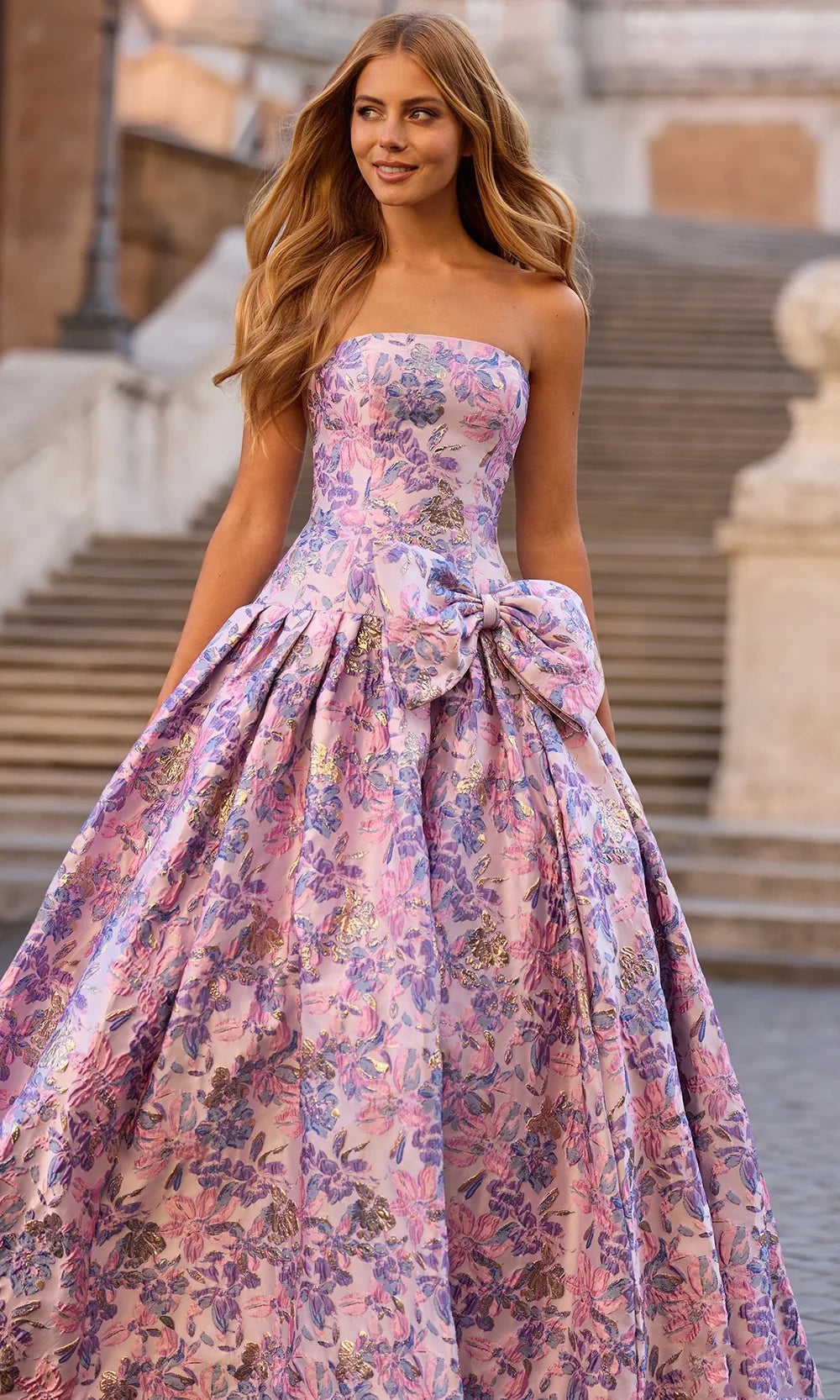 Sherri Hill 57781 - Long Brocade Ballgown Dress - Floral Pattern, Strapless, Oversized Bow Accent, Pleated Skirt, Hidden Back Zipper Closure 00 /